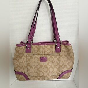 Coach Payton coated canvas signature bag with purple leather trim